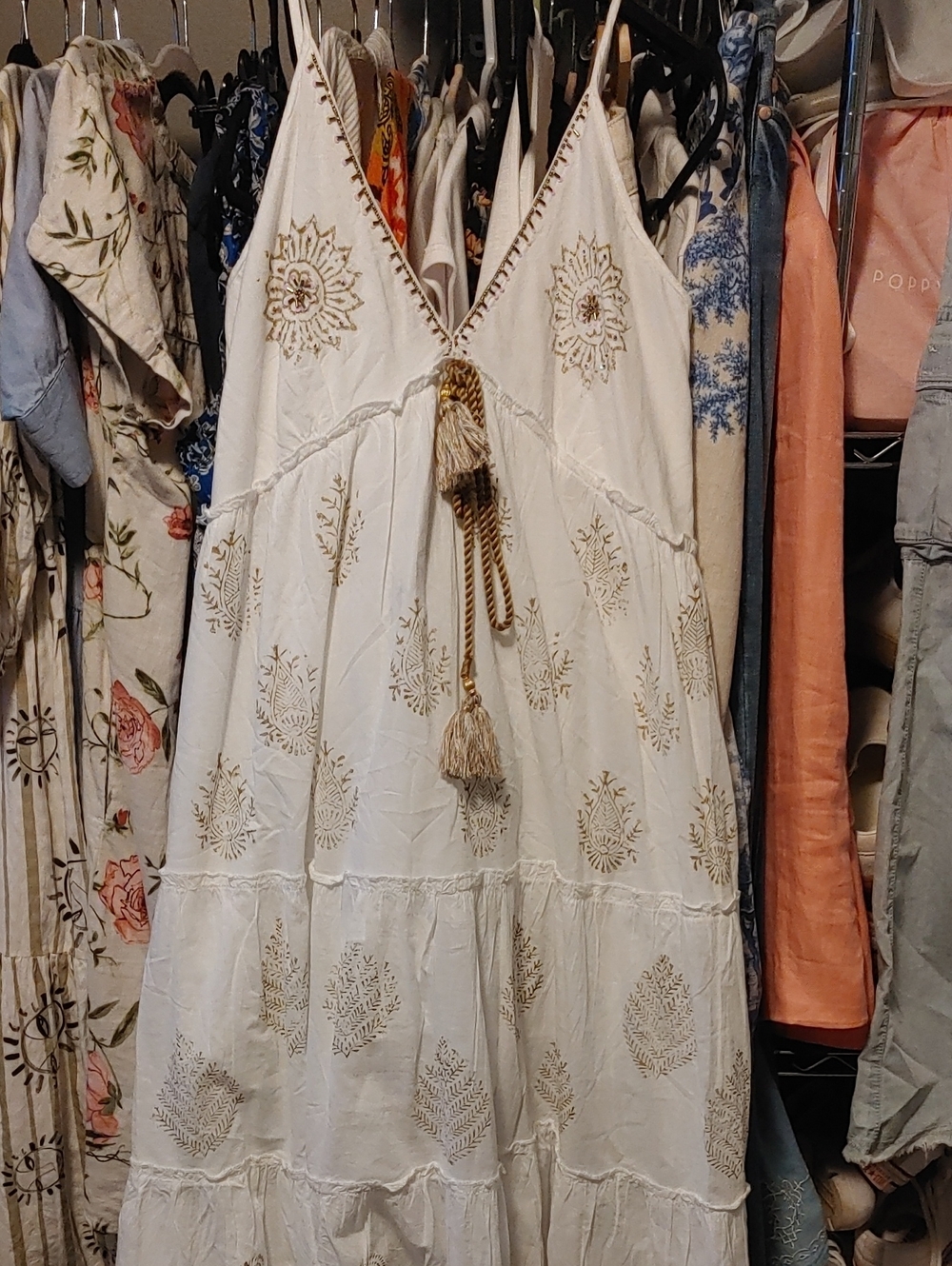 India Boutique White Maxi Dress with Gold Embroidery and Tassels